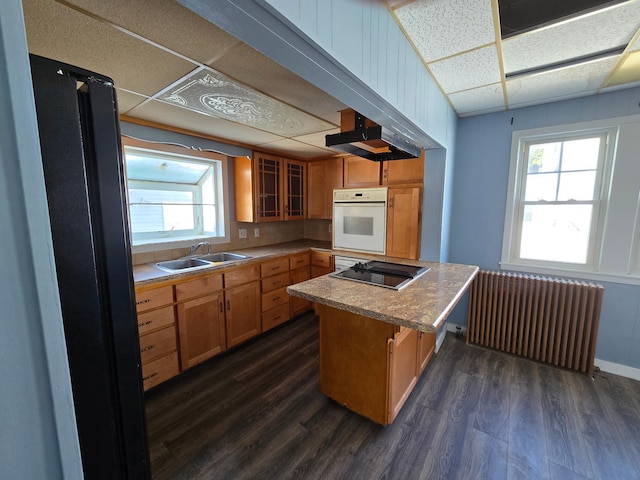 kitchen with white oven, dark wood-style flooring, radiator heating unit, a sink, and black electric cooktop