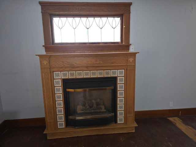 details featuring wood finished floors, a glass covered fireplace, and baseboards