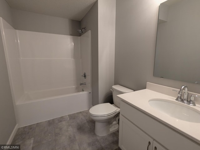 bathroom with shower / tub combination, a textured ceiling, toilet, and vanity