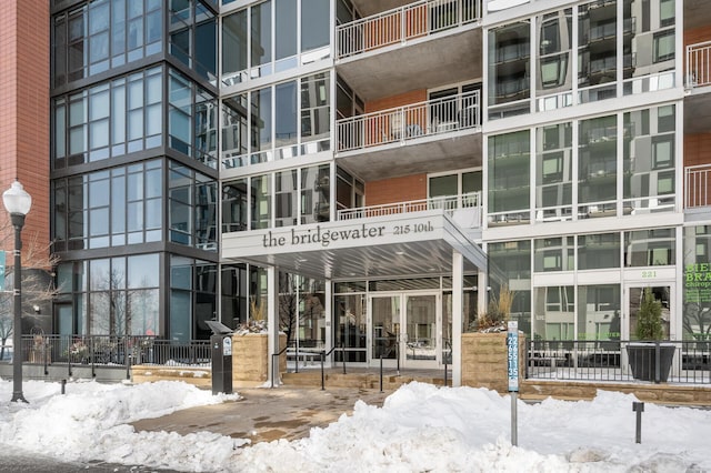 view of snow covered building