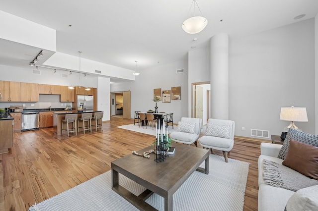 living area featuring light wood-style floors, visible vents, and track lighting