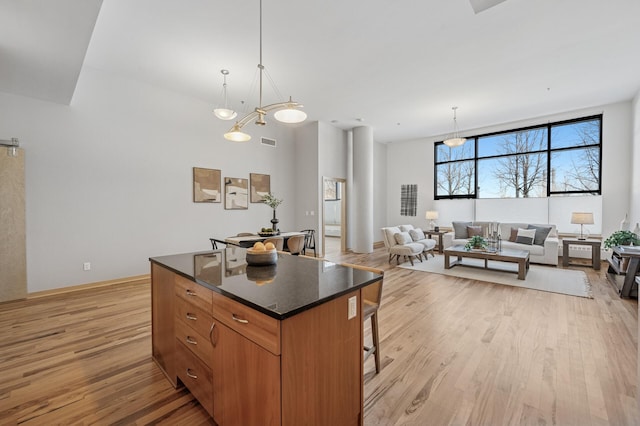 kitchen featuring a breakfast bar, hanging light fixtures, light wood-style floors, open floor plan, and a kitchen island