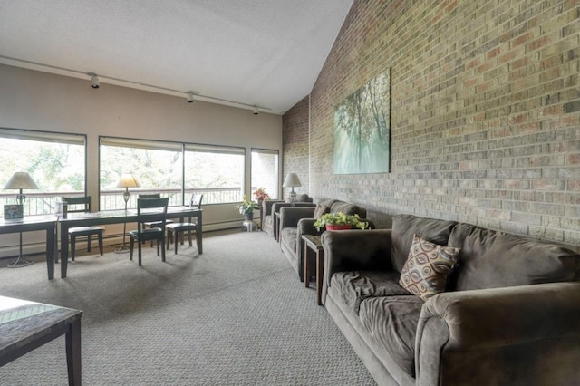 living area featuring high vaulted ceiling, carpet, and brick wall