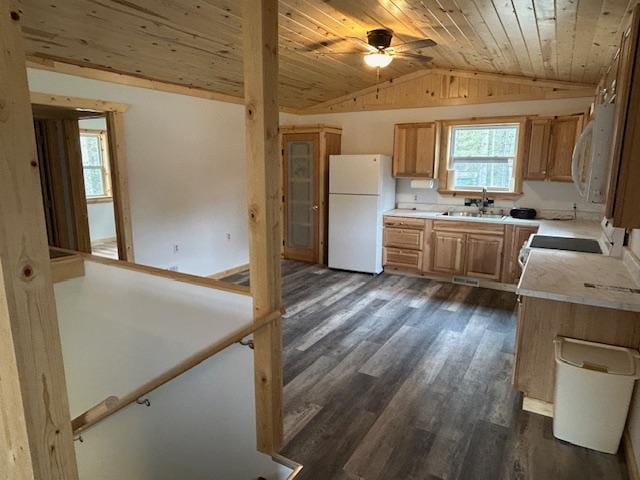 31154 Arbo Rd, Arbo Twp, MN 55744 - kitchen with vaulted ceiling, white appliances, light countertops, and wood ceiling