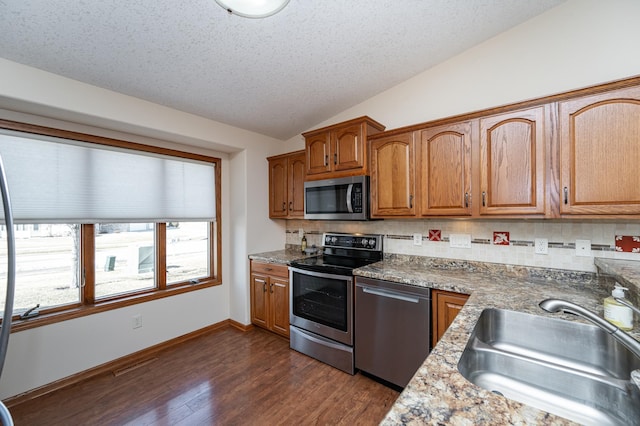 kitchen with backsplash, dark wood finished floors, vaulted ceiling, appliances with stainless steel finishes, and a sink