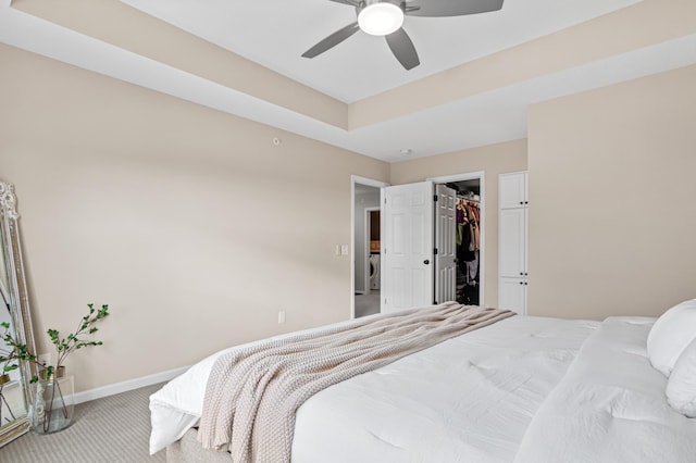 carpeted bedroom featuring ceiling fan, baseboards, a closet, a tray ceiling, and a walk in closet