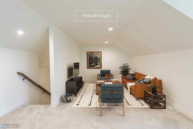 5172 Mira Way W, West Fargo, ND 58078 - living area featuring an upstairs landing, lofted ceiling, recessed lighting, carpet, and baseboards