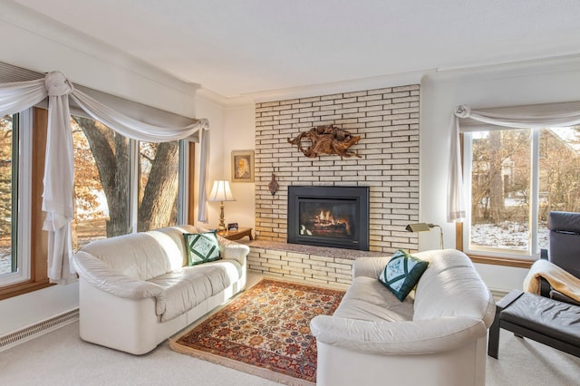 carpeted living room with visible vents and a fireplace