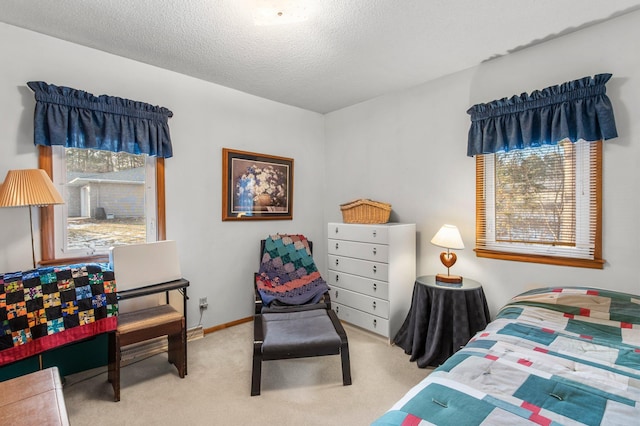 bedroom with carpet flooring, multiple windows, and a textured ceiling