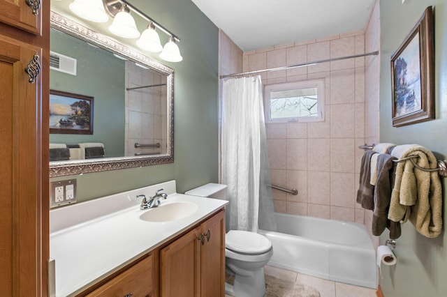 full bath with visible vents, toilet, shower / tub combo with curtain, tile patterned floors, and vanity