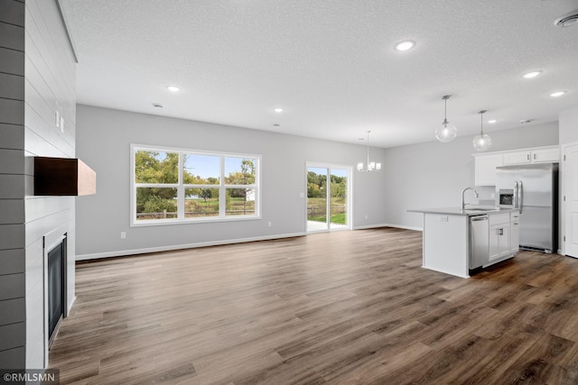 kitchen with stainless steel appliances, open floor plan, a large fireplace, and a sink