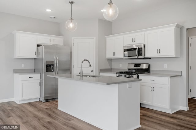 kitchen with stainless steel appliances, a kitchen island with sink, a sink, and wood finished floors