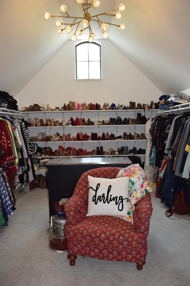 12424 126th Ave NE, Thief River Falls, MN 56701 - walk in closet with carpet, vaulted ceiling, and a chandelier