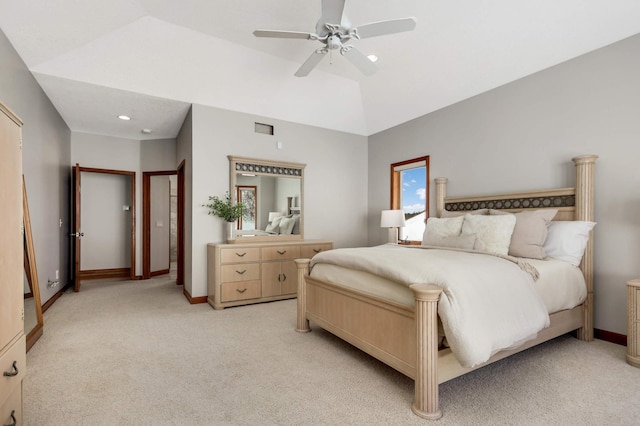 bedroom featuring light carpet, baseboards, visible vents, and vaulted ceiling