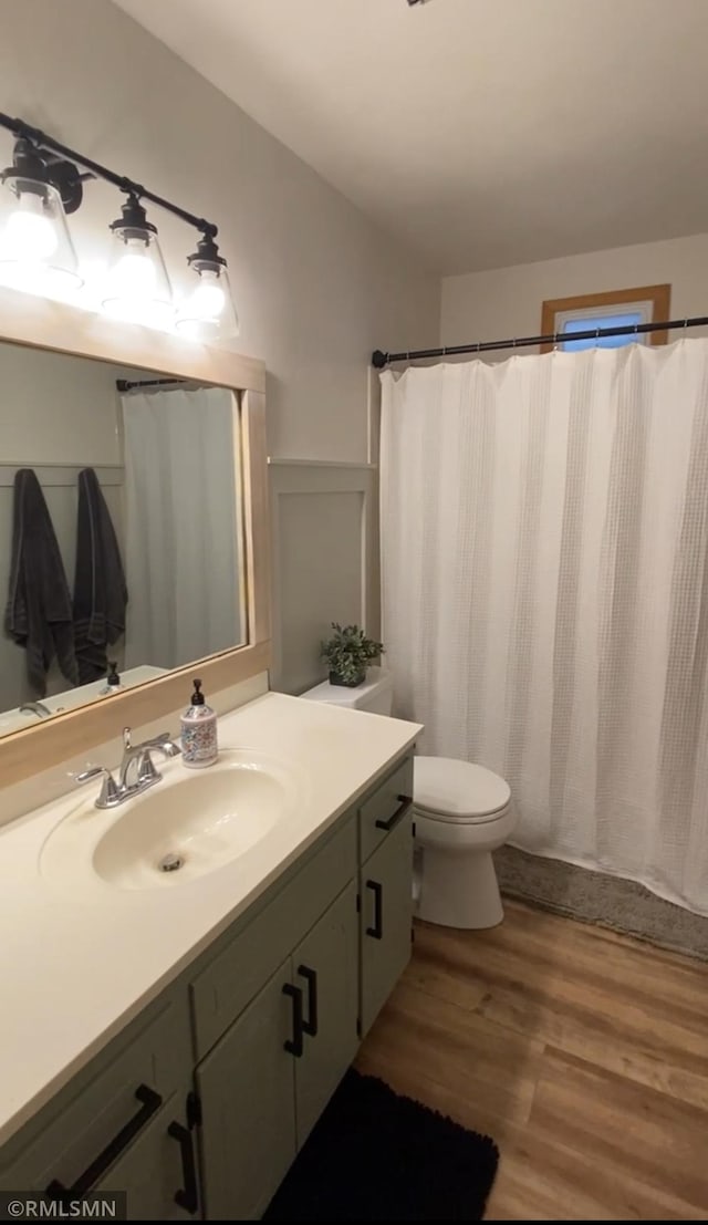 bathroom with vanity, toilet, and wood finished floors