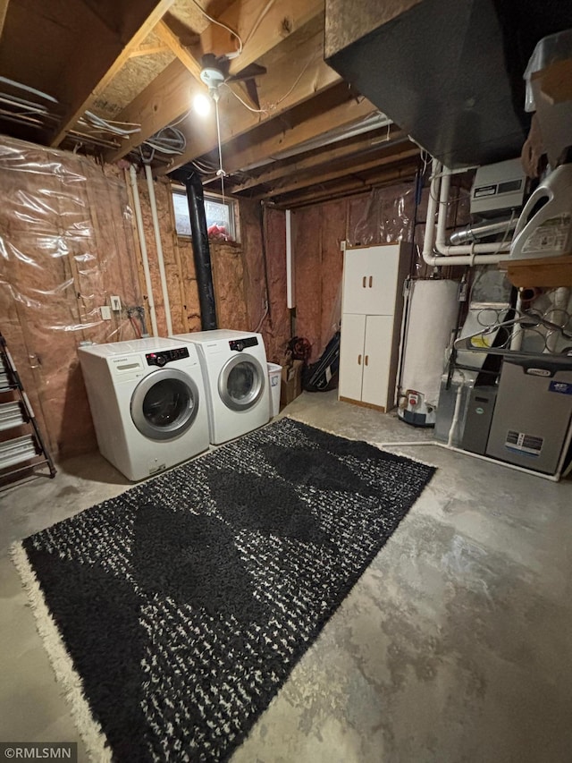 laundry room with laundry area, water heater, and washing machine and clothes dryer