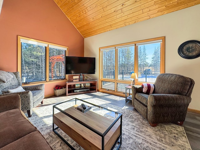 living room featuring high vaulted ceiling, wooden ceiling, wood finished floors, and baseboards