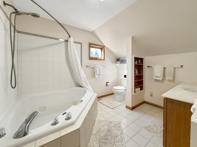 bathroom featuring a textured ceiling, lofted ceiling, tile patterned flooring, toilet, and tiled shower / bath combo