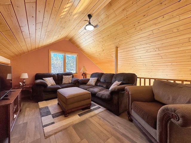 living area featuring lofted ceiling, wood-type flooring, and wooden ceiling