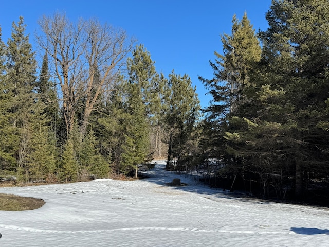 exterior space featuring a forest view