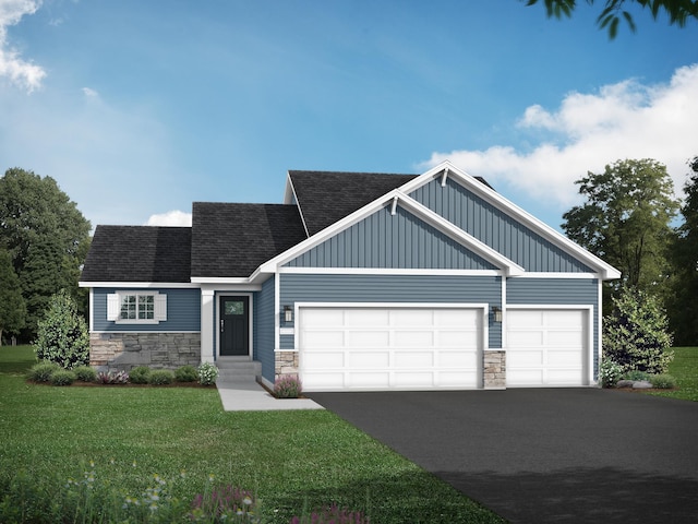 view of front of house with driveway, stone siding, a garage, and a front yard