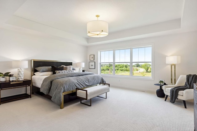 bedroom with carpet floors, a raised ceiling, and baseboards