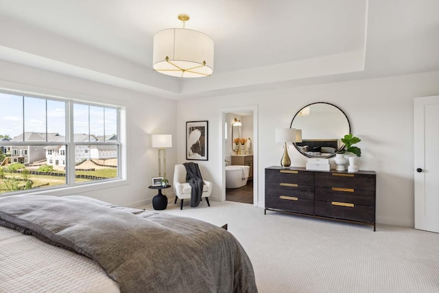 bedroom with carpet, a raised ceiling, and connected bathroom