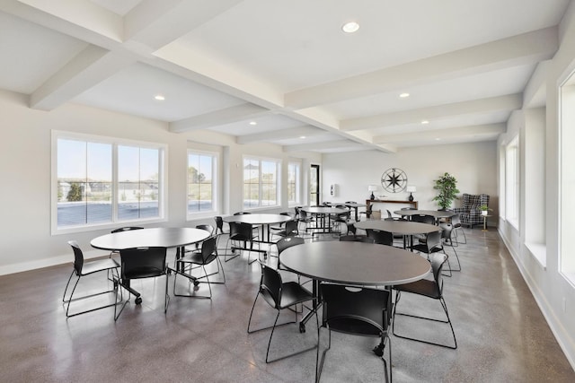 dining area with recessed lighting, coffered ceiling, baseboards, beamed ceiling, and finished concrete floors