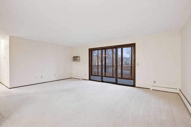 carpeted empty room with baseboard heating, a wall mounted AC, and a baseboard radiator