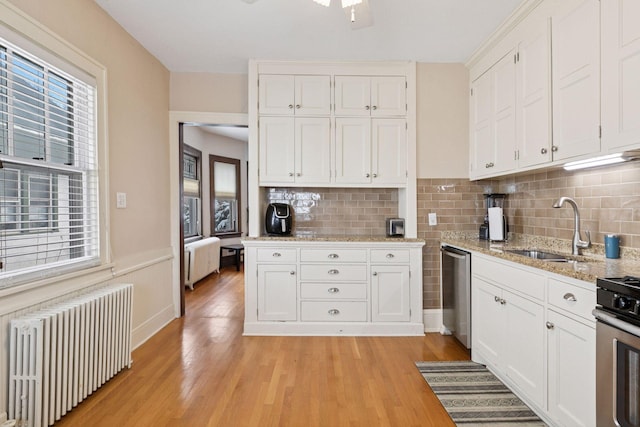 kitchen featuring light wood-style flooring, radiator heating unit, stainless steel appliances, and a sink