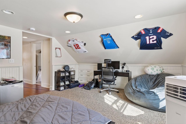 carpeted bedroom featuring recessed lighting and vaulted ceiling