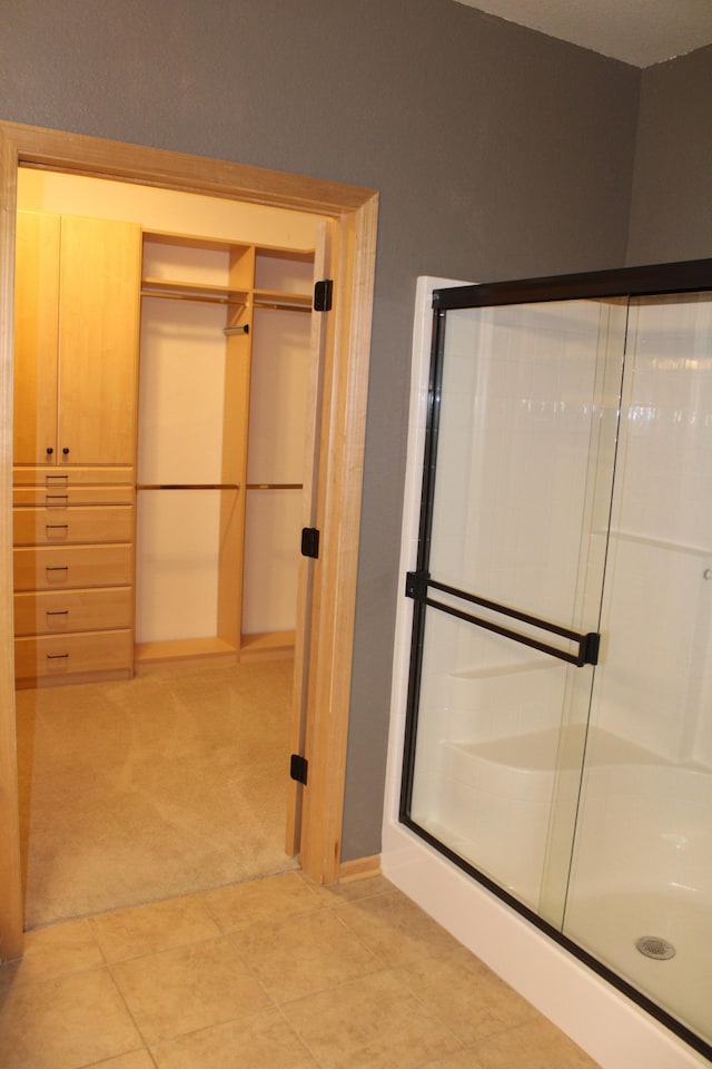 bathroom featuring tile patterned flooring and a shower stall