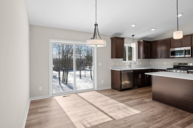 kitchen with dark brown cabinetry, light countertops, light wood-style floors, stainless steel appliances, and a sink