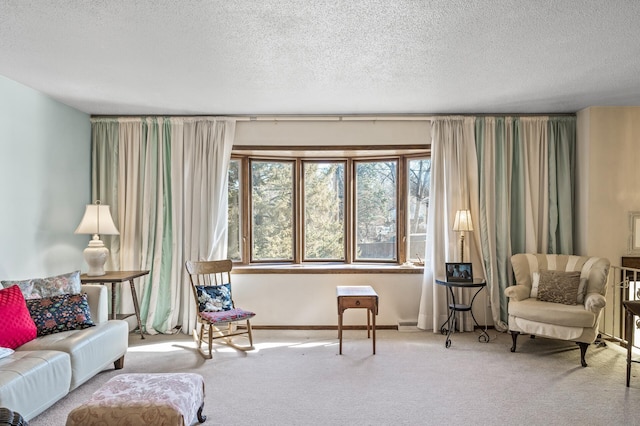 sitting room with a textured ceiling, baseboards, and carpet flooring