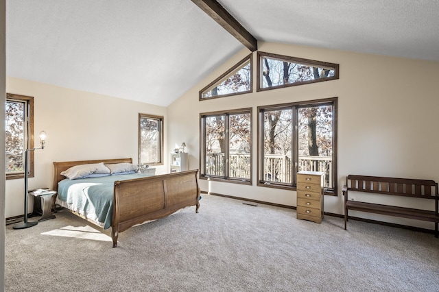 bedroom featuring a textured ceiling, carpet floors, visible vents, baseboards, and beamed ceiling