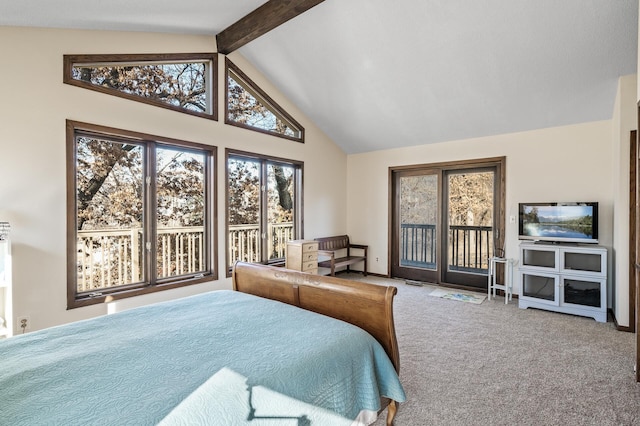 bedroom featuring high vaulted ceiling, carpet flooring, baseboards, access to outside, and beam ceiling