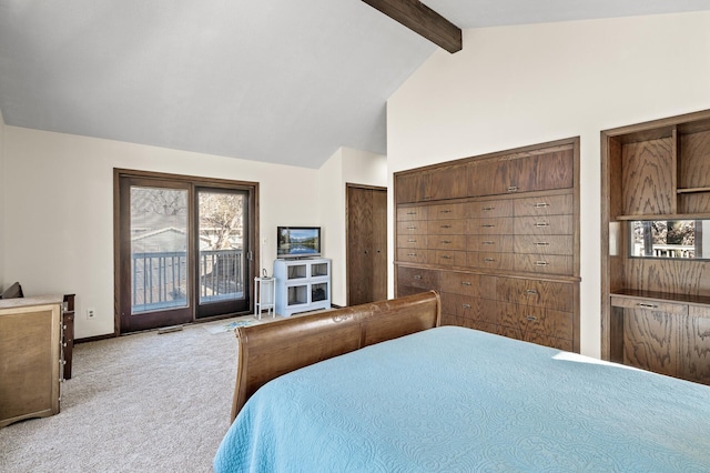 carpeted bedroom featuring high vaulted ceiling, visible vents, baseboards, access to outside, and beam ceiling