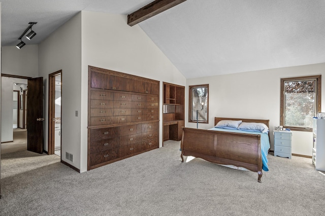 carpeted bedroom with baseboards, visible vents, high vaulted ceiling, and beam ceiling