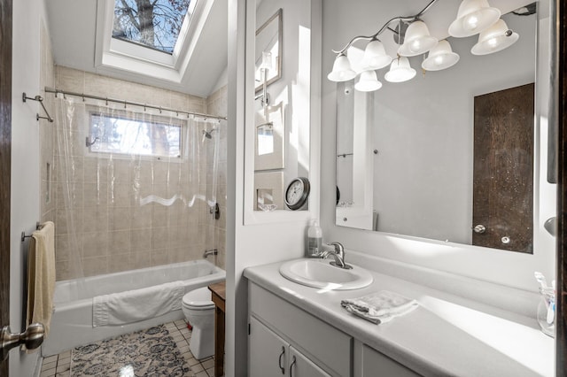 full bath featuring shower / bath combination with curtain, vanity, toilet, and tile patterned floors