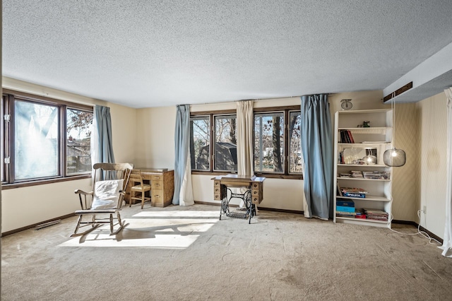 sitting room featuring carpet floors, a textured ceiling, and baseboards