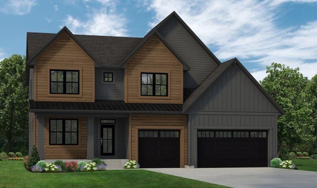 view of front of house with concrete driveway, board and batten siding, and a front yard