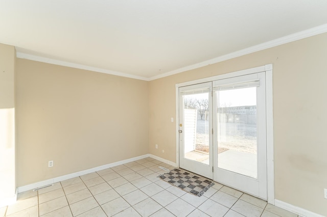 unfurnished room with light tile patterned flooring, crown molding, and baseboards