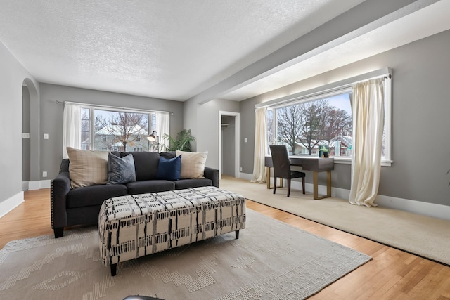 living area with baseboards, arched walkways, a textured ceiling, and wood finished floors