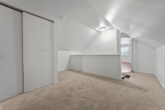 additional living space featuring lofted ceiling, carpet flooring, and a textured ceiling