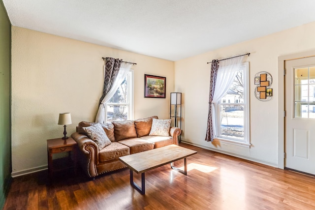 living area featuring baseboards and wood finished floors