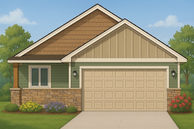 craftsman-style home with stone siding, driveway, and a garage
