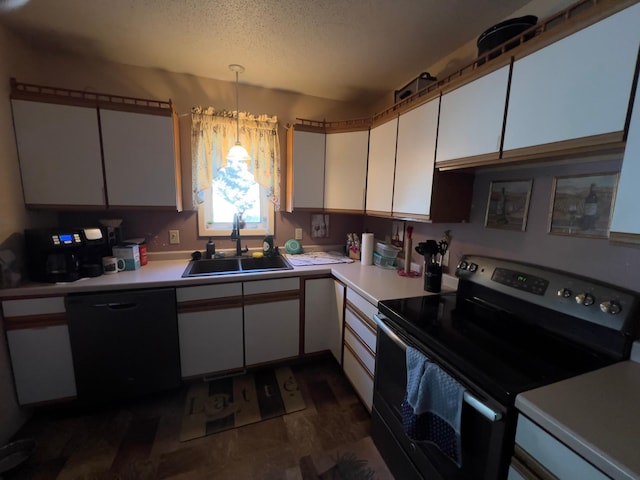 kitchen featuring a sink, white cabinetry, black dishwasher, light countertops, and stainless steel electric range oven