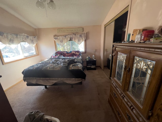 carpeted bedroom with vaulted ceiling, a closet, and a textured ceiling