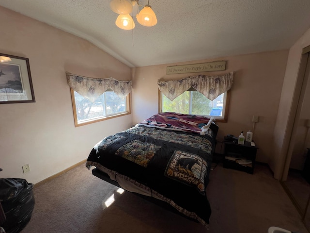 bedroom featuring vaulted ceiling, carpet floors, a textured ceiling, and baseboards