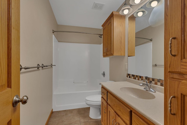 full bath featuring tile patterned flooring, toilet, shower / bath combination, visible vents, and vanity